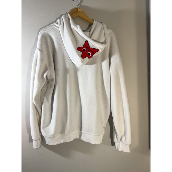 Y2K White Fleece Pullover Hoodie | Gothic Script & Angry Star Appliqué (Size M) - Picture 3 of 12